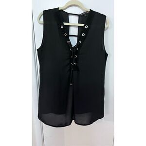 JANE & JOHN LACE UP BLACK SLEEVELESS BLOUSE WOMENS SIZE L